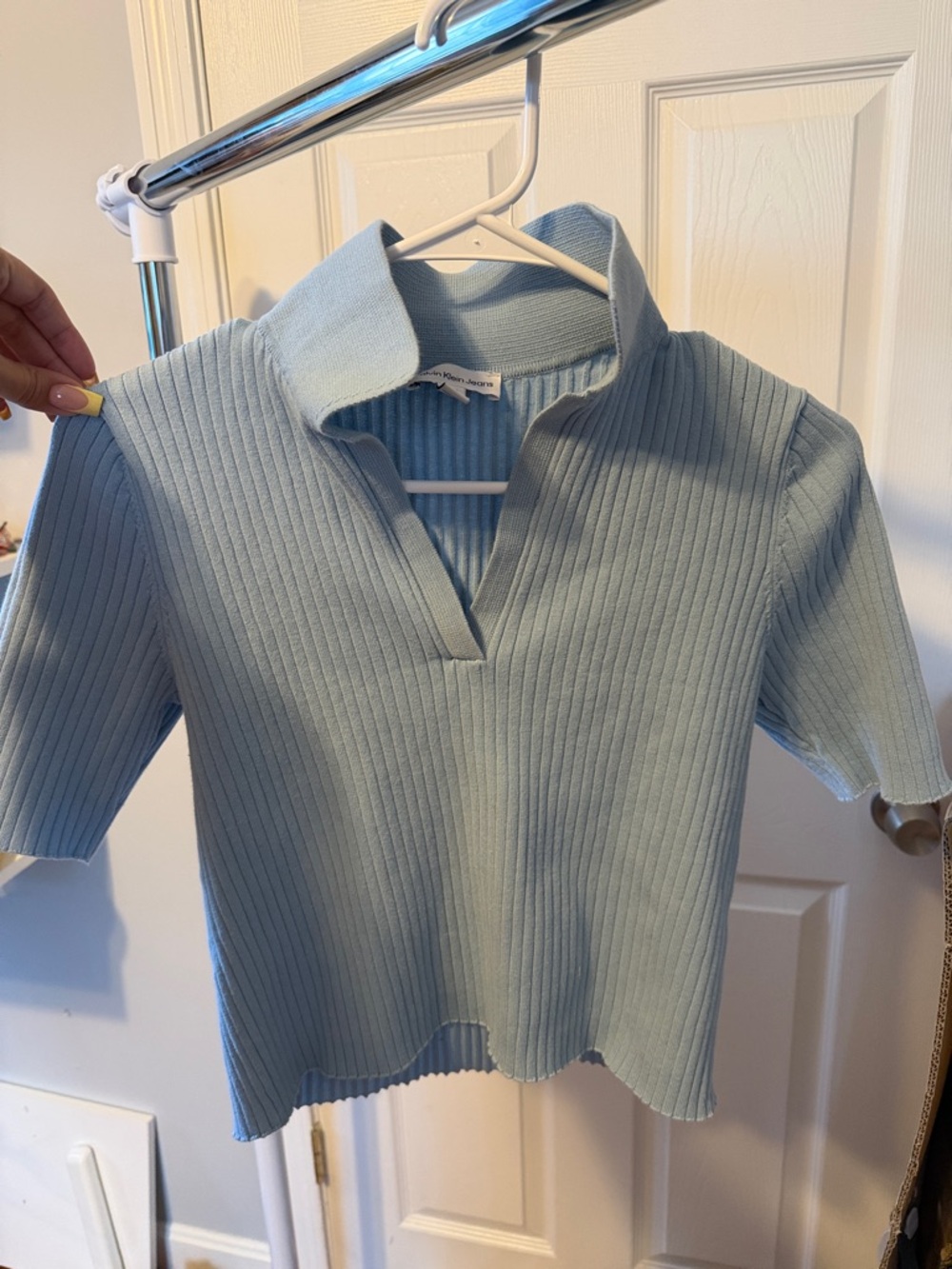 Calvin Klein Light Blue Ribbed Cropped Polo Top
